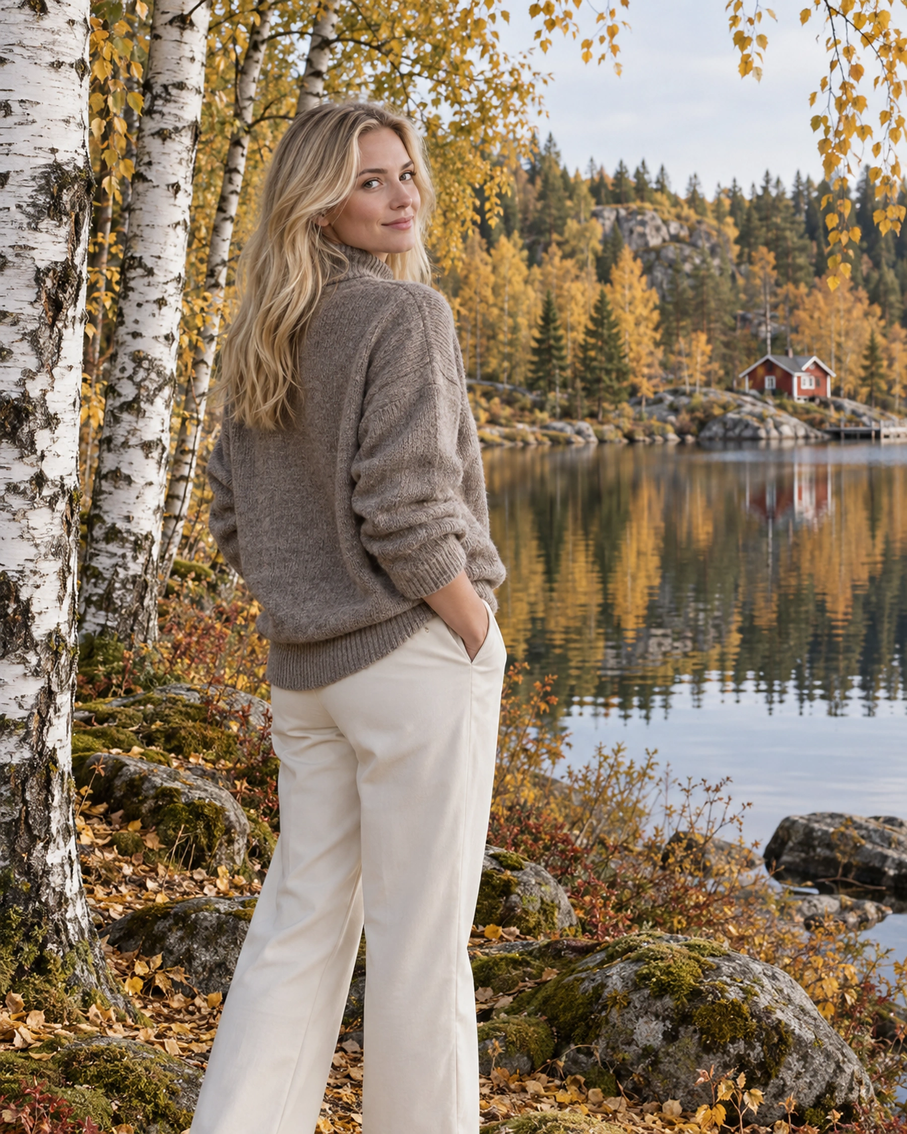 Swedish woman beside an autumn lake and birch forest
